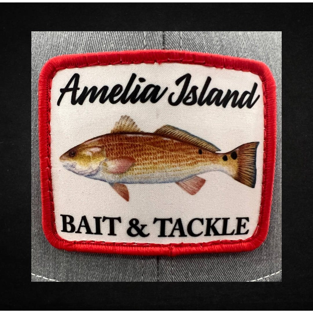 AIBT Redfish patch trucker hat Richardson 112 in REDFISH: Heather grey/white – CU view