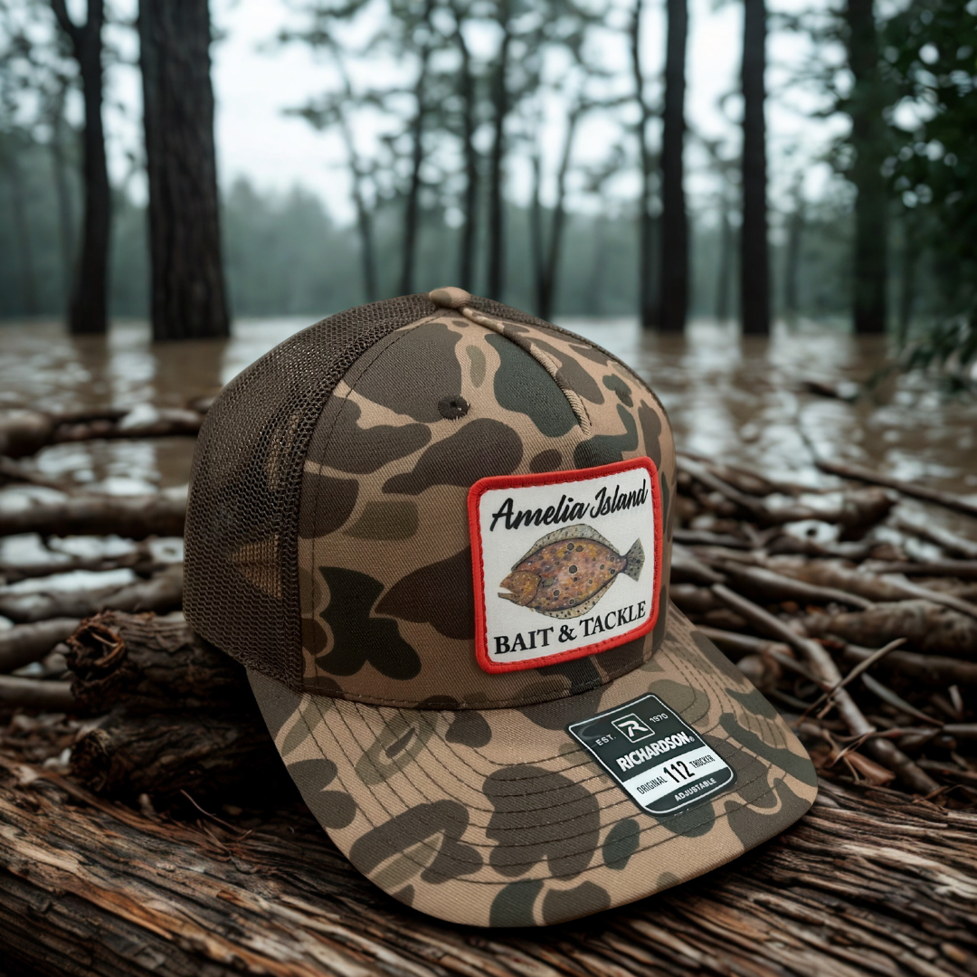 AIBT flounder patch trucker hat Richardson 112 in duck camo bark - hero view