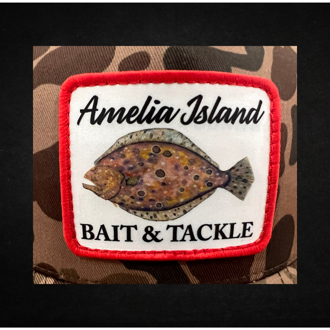 AIBT flounder patch trucker hat Richardson 112 in duck camo bark - CU view