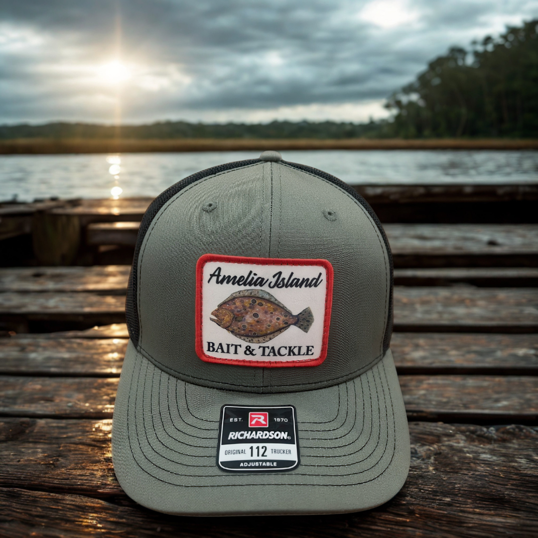 AIBT flounder patch trucker hat Richardson 112 in loden - hero view