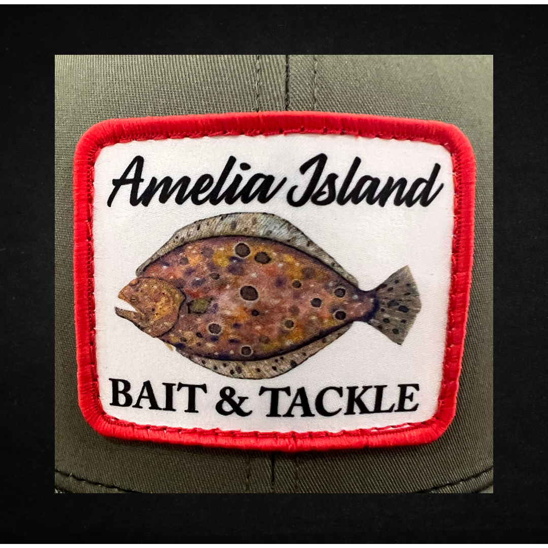 AIBT flounder patch trucker hat Richardson 112 in loden - CU view