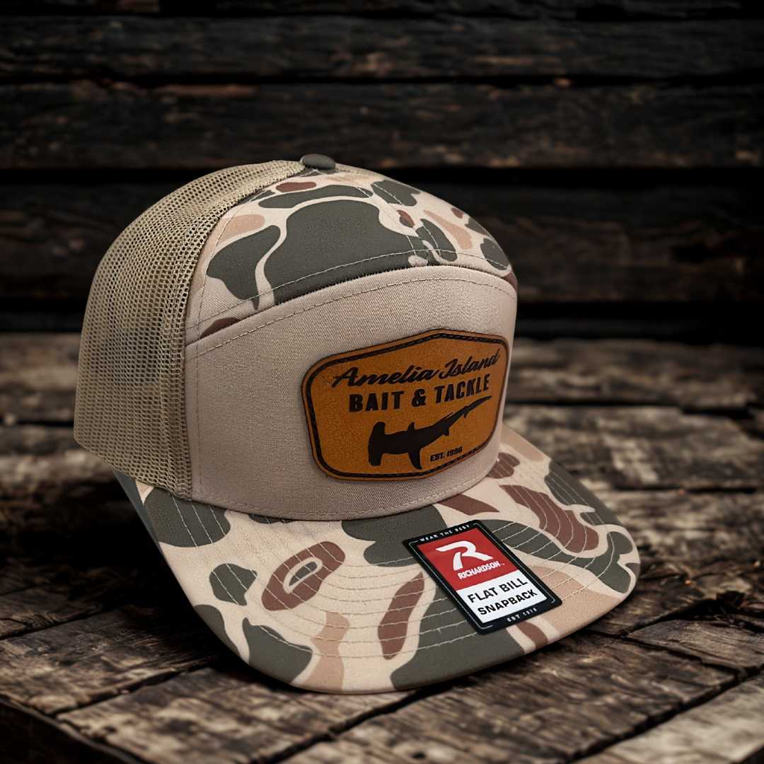 AIBT hammerhead leather patch flatbill hat Richardson 168P in duck camo harvest pattern