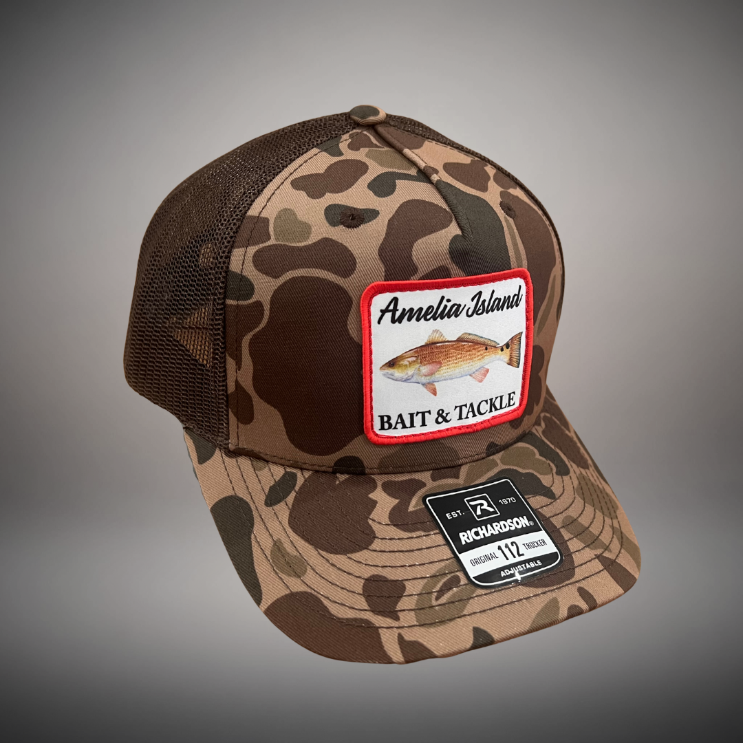 AIBT redfish patch trucker hat Richardson 112 in duck camo bark – side profile