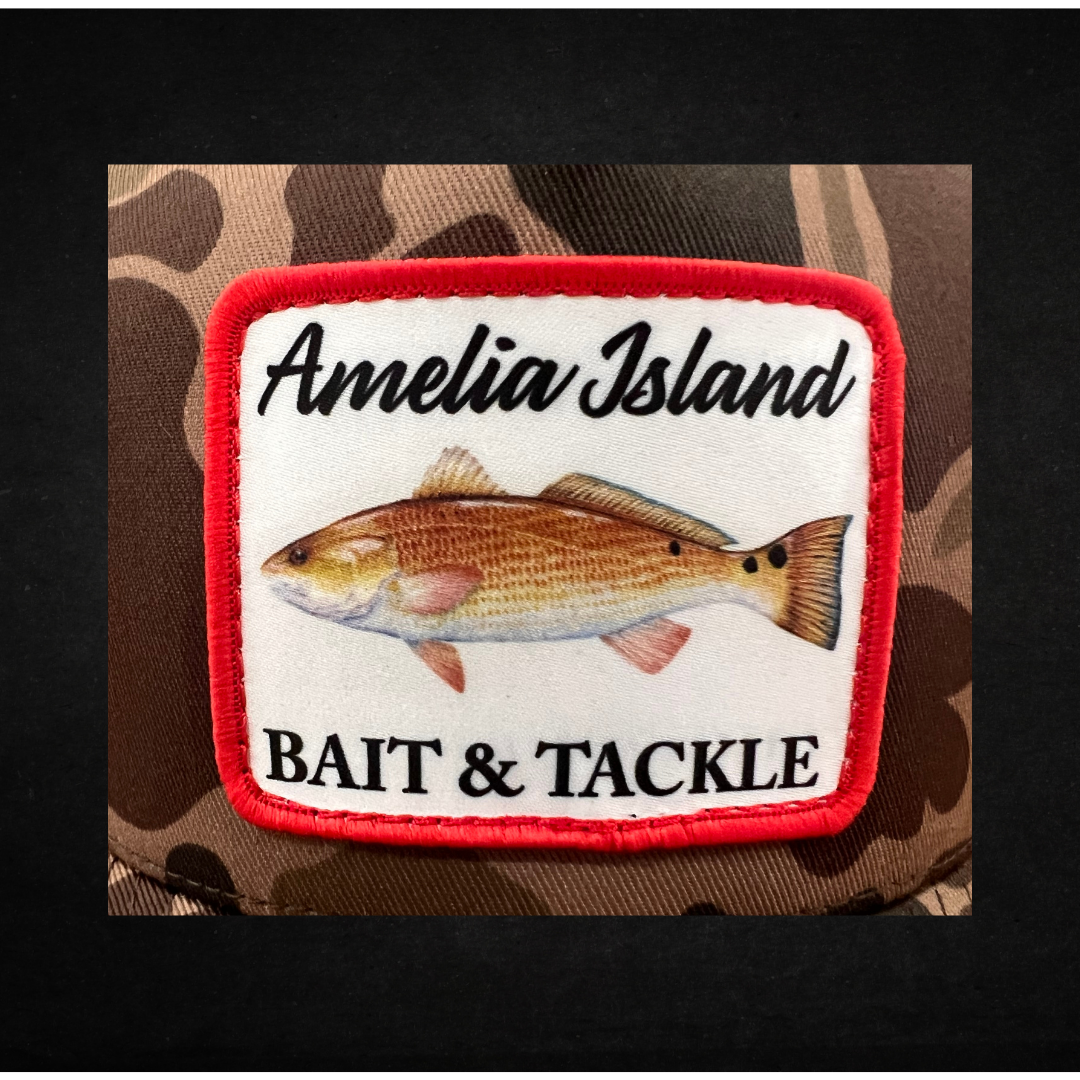 AIBT redfish patch embroidery close up in duck camo bark