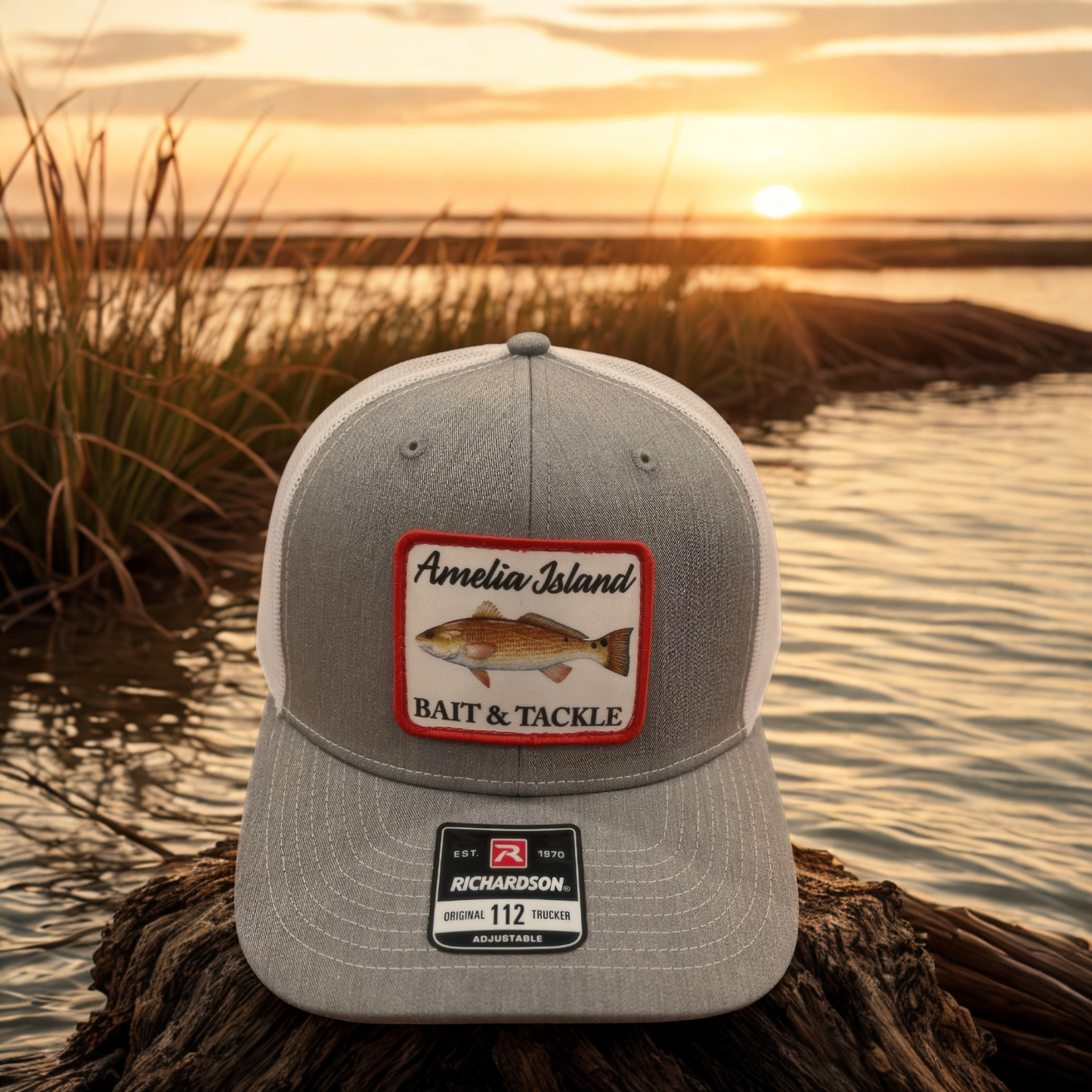 AIBT Redfish patch trucker hat Richardson 112 in REDFISH: Heather grey/white – hero view