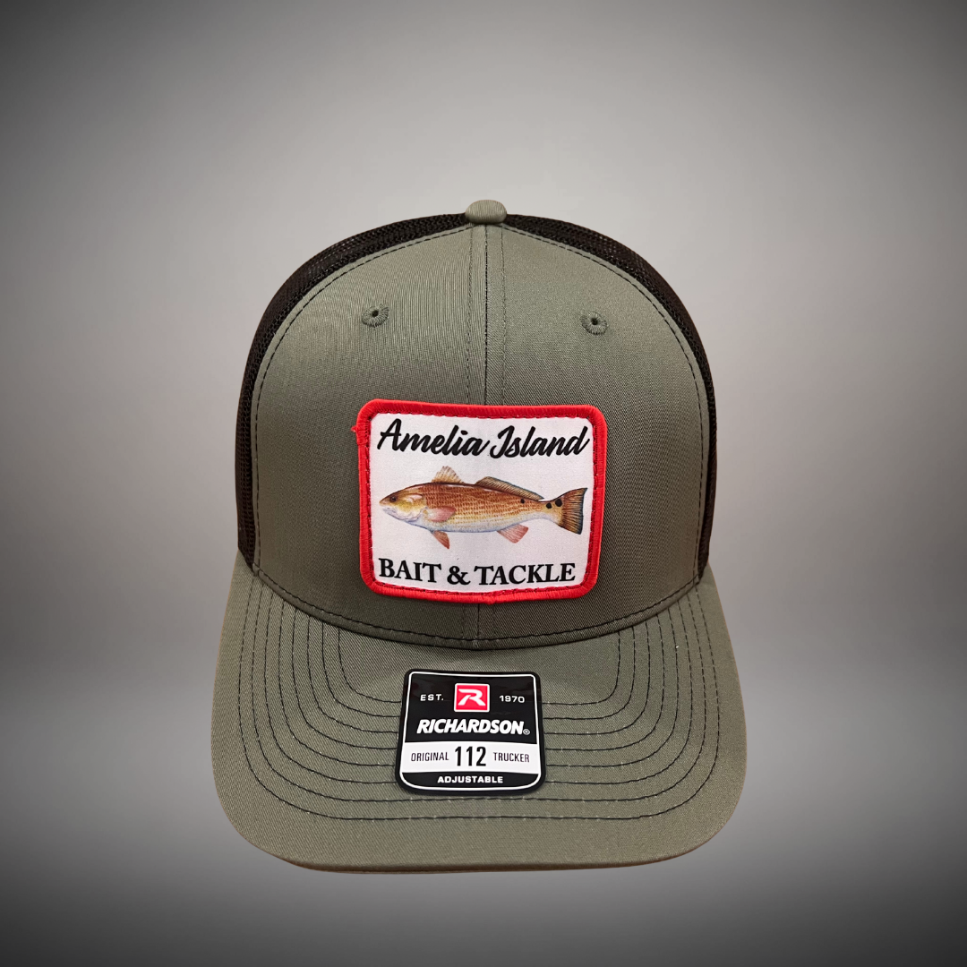 AIBT Redfish patch trucker hat Richardson 112 in loden – studio view