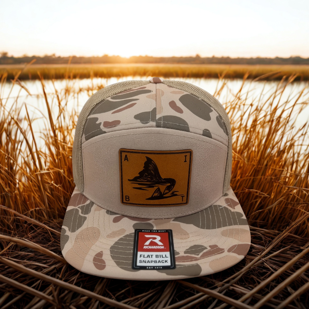AIBT redfish tail leather patch flatbill hat Richardson 168P in duck camo harvest pattern