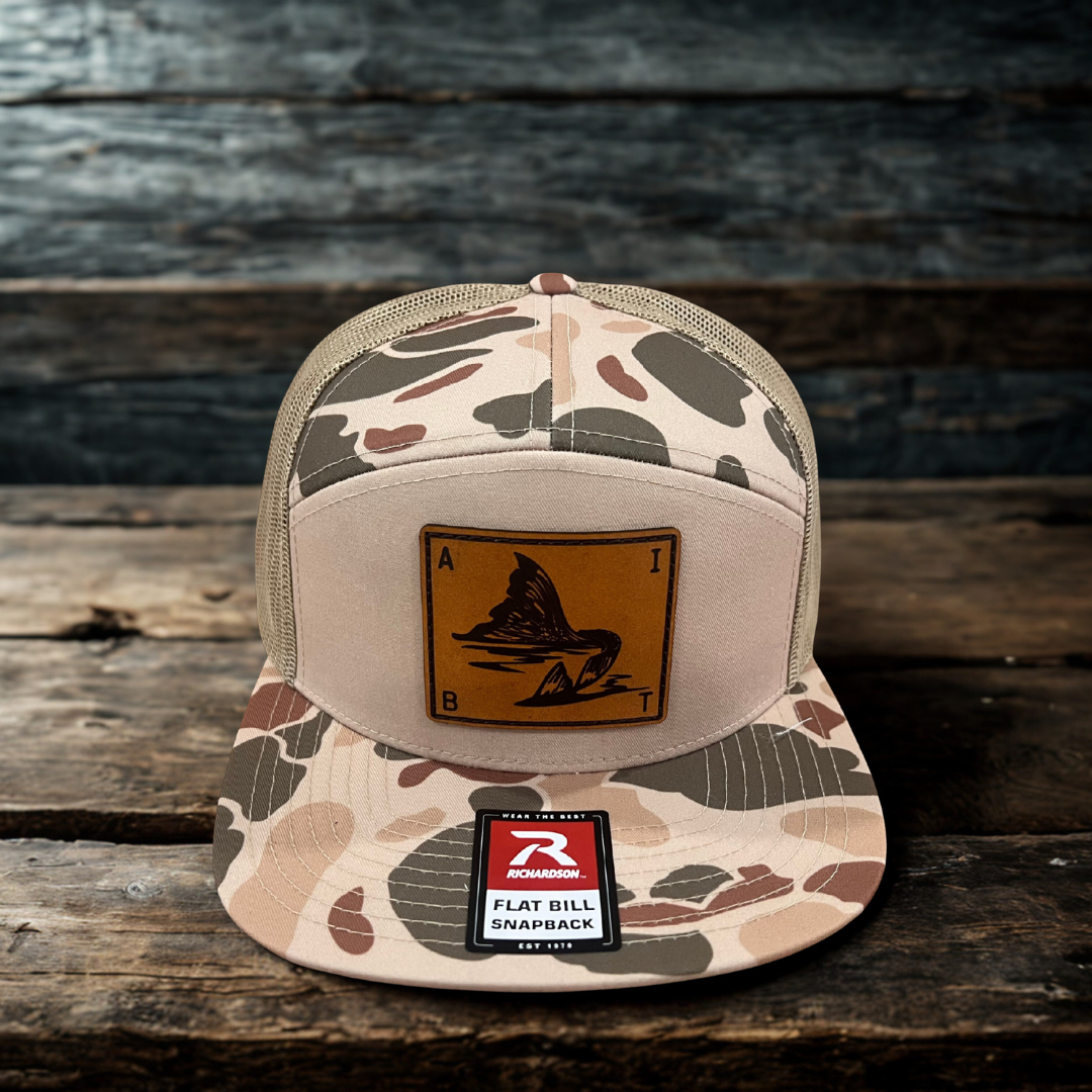 AIBT redfish tail leather patch flatbill hat Richardson 168P in duck camo harvest pattern