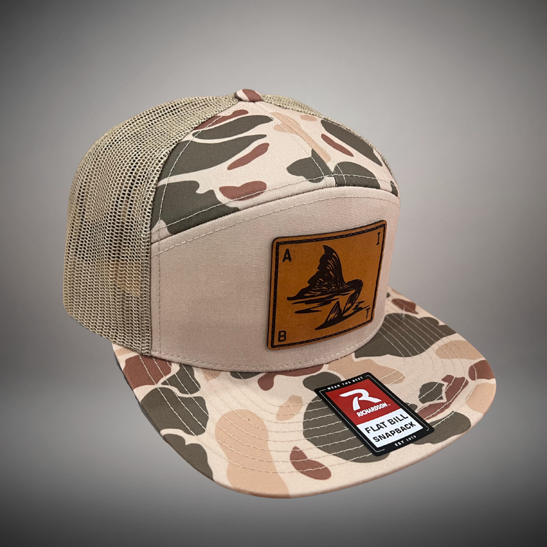 AIBT redfish tail leather patch flatbill hat Richardson 168P in duck camo harvest pattern
