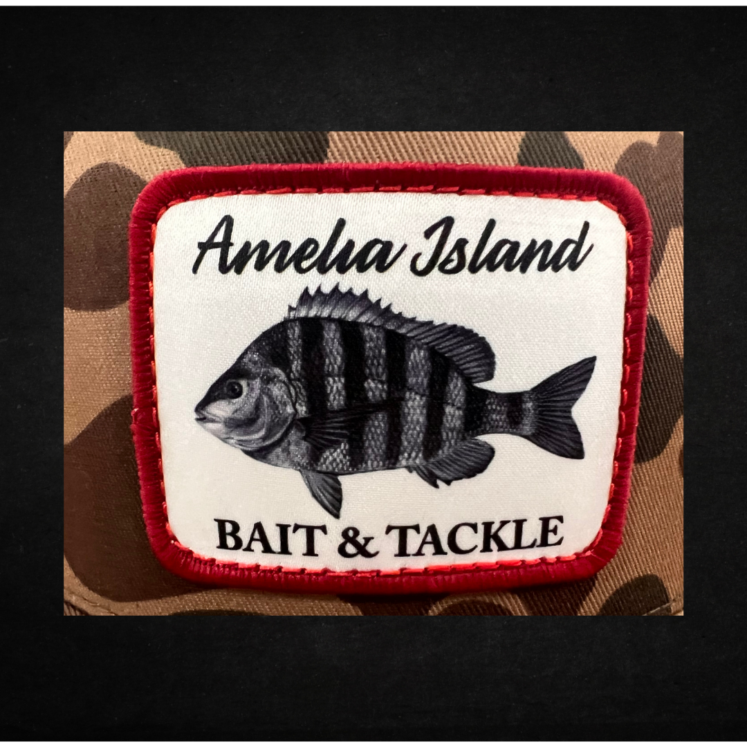 AIBT sheepshead patch trucker hat Richardson 112 in duck camo bark - CU view