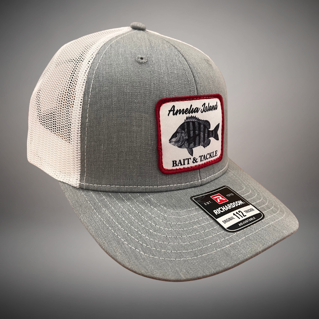 AIBT sheepshead patch trucker hat Richardson 112 in heather grey - studio view