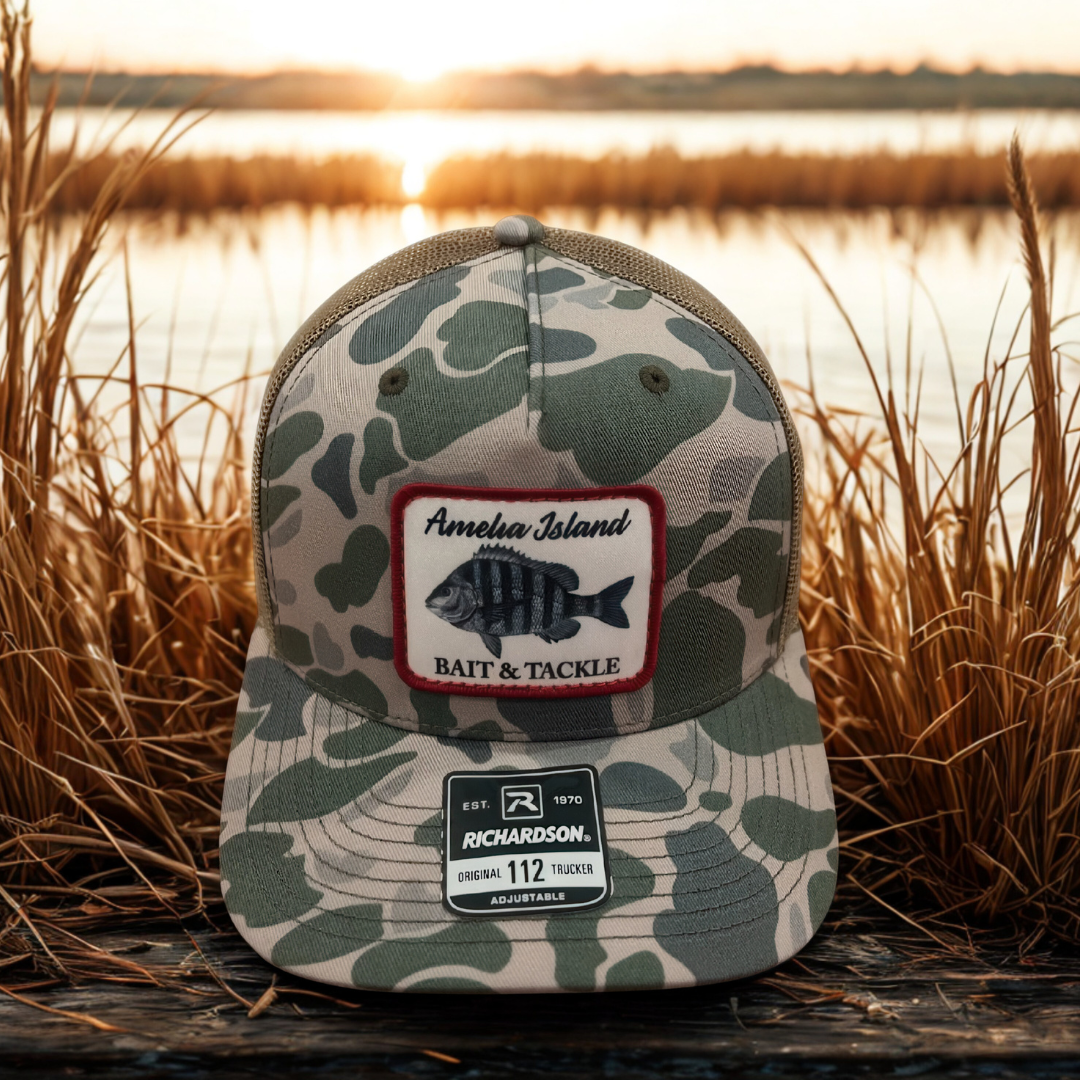 AIBT sheepshead patch trucker hat Richardson 112 in duck camo marsh - hero view