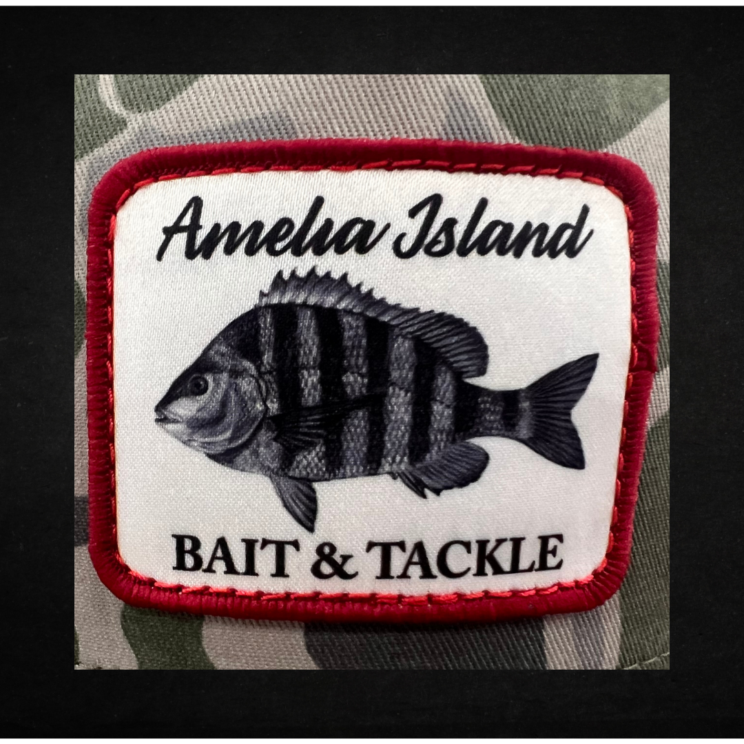 AIBT sheepshead patch trucker hat Richardson 112 in duck camo marsh - CU view