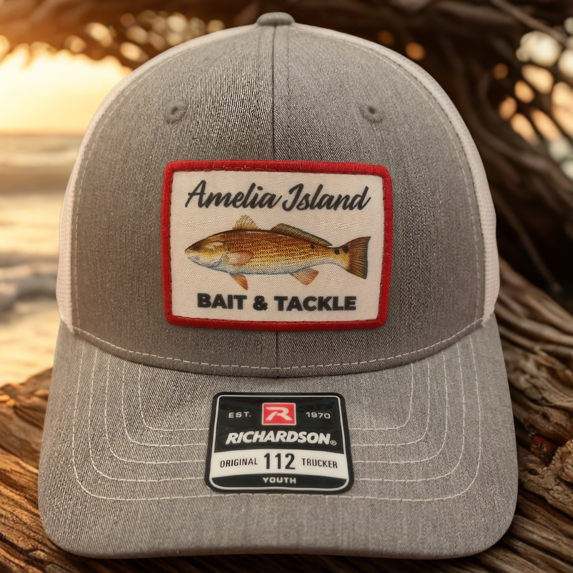 AIBT youth trucker hat Richardson 112 in REDFISH: heather grey/white – hero view