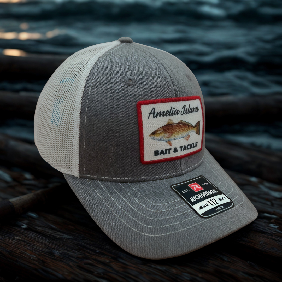 AIBT youth trucker hat Richardson 112 in REDFISH: heather grey/white – studio view