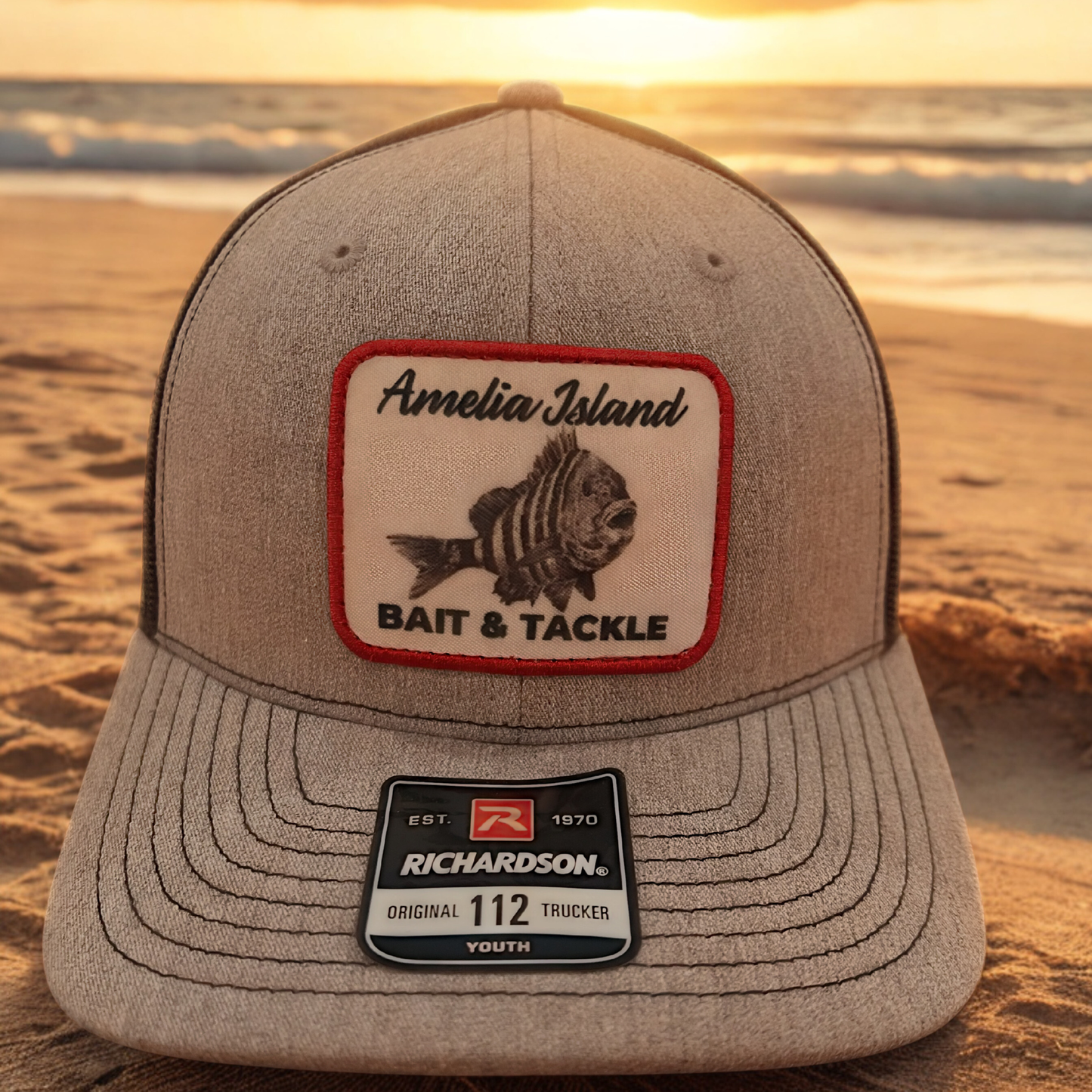 AIBT youth trucker hat Richardson 112 in Sheepshead: heather grey/black – hero view