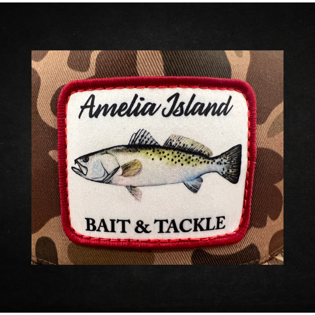 AIBT trout patch trucker hat Richardson 112 in duck camo bark –  CU view
