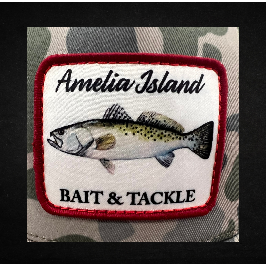 AIBT trout patch trucker hat Richardson 112 in duck camo marsh – CU view