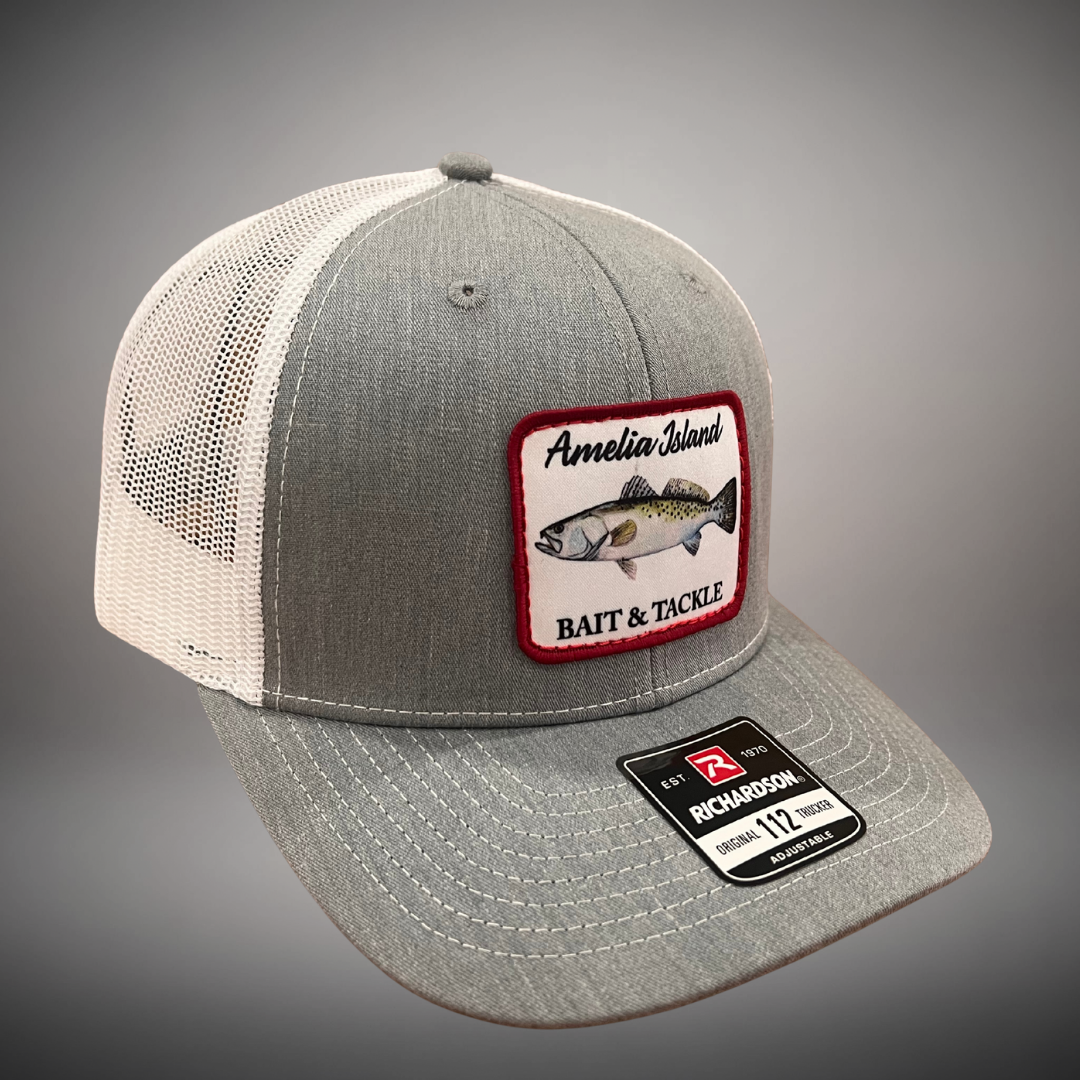 AIBT trout patch trucker hat Richardson 112 in heather grey –  studio view
