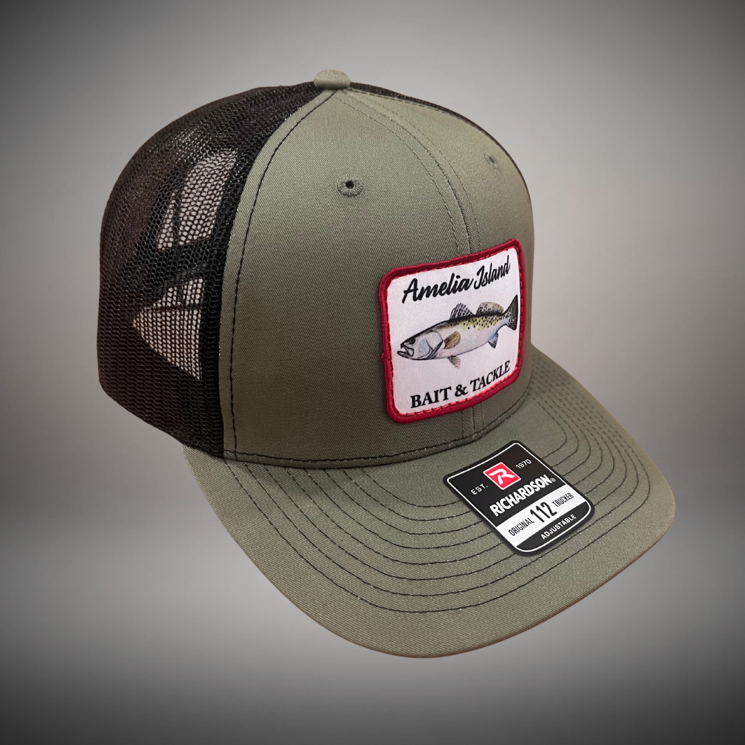 AIBT trout patch trucker hat Richardson 112 in loden – studio view