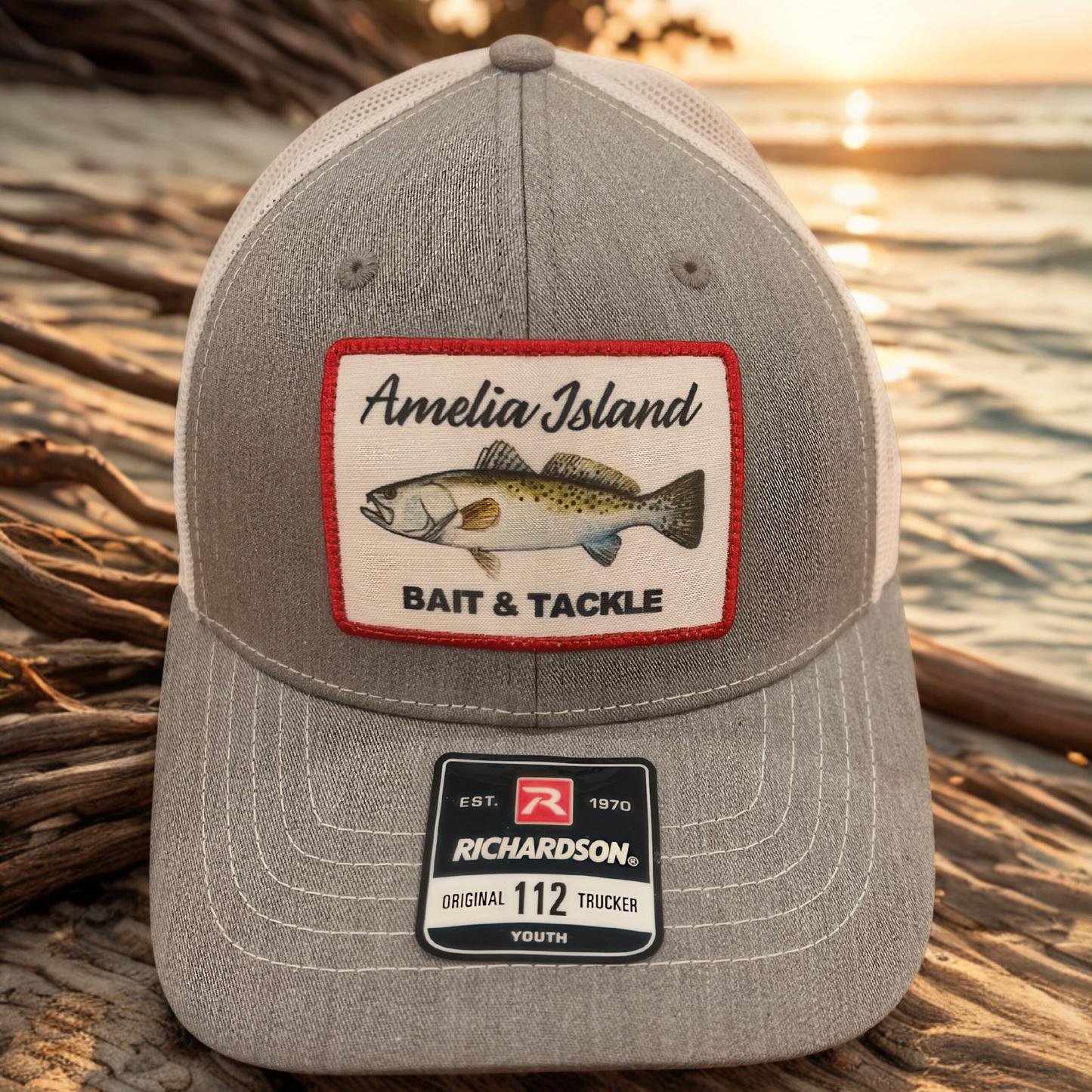 AIBT youth trucker hat Richardson 112 in TROUT: heather grey/white – hero view