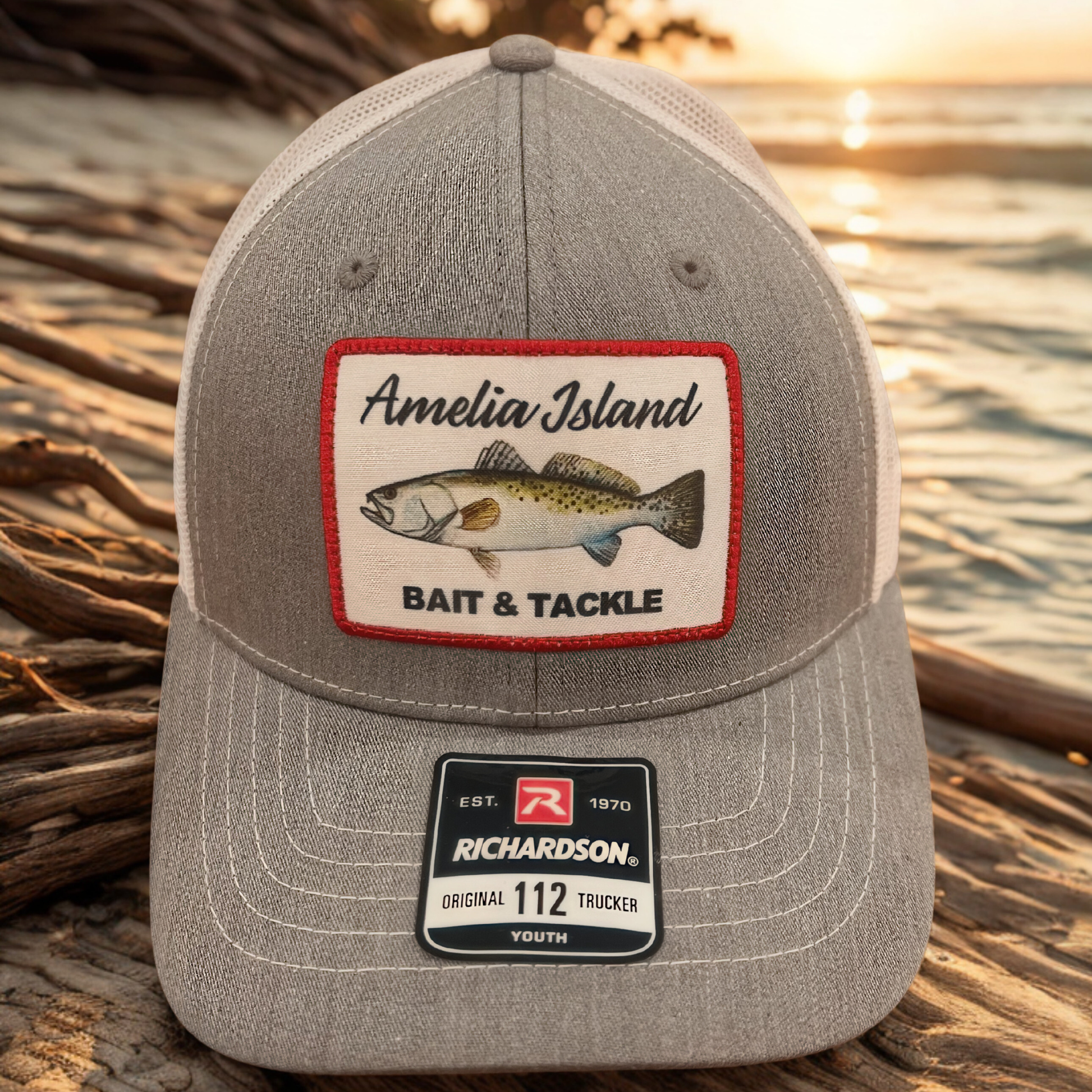 AIBT youth trucker hat Richardson 112 in TROUT: heather grey/white – hero view