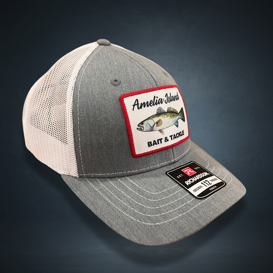 AIBT youth trucker hat Richardson 112 in TROUT: heather grey/white – studio view